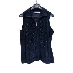 Quacker Factory Vest Womens Large Black Velour Quilt Bejeweled Grandma Glam